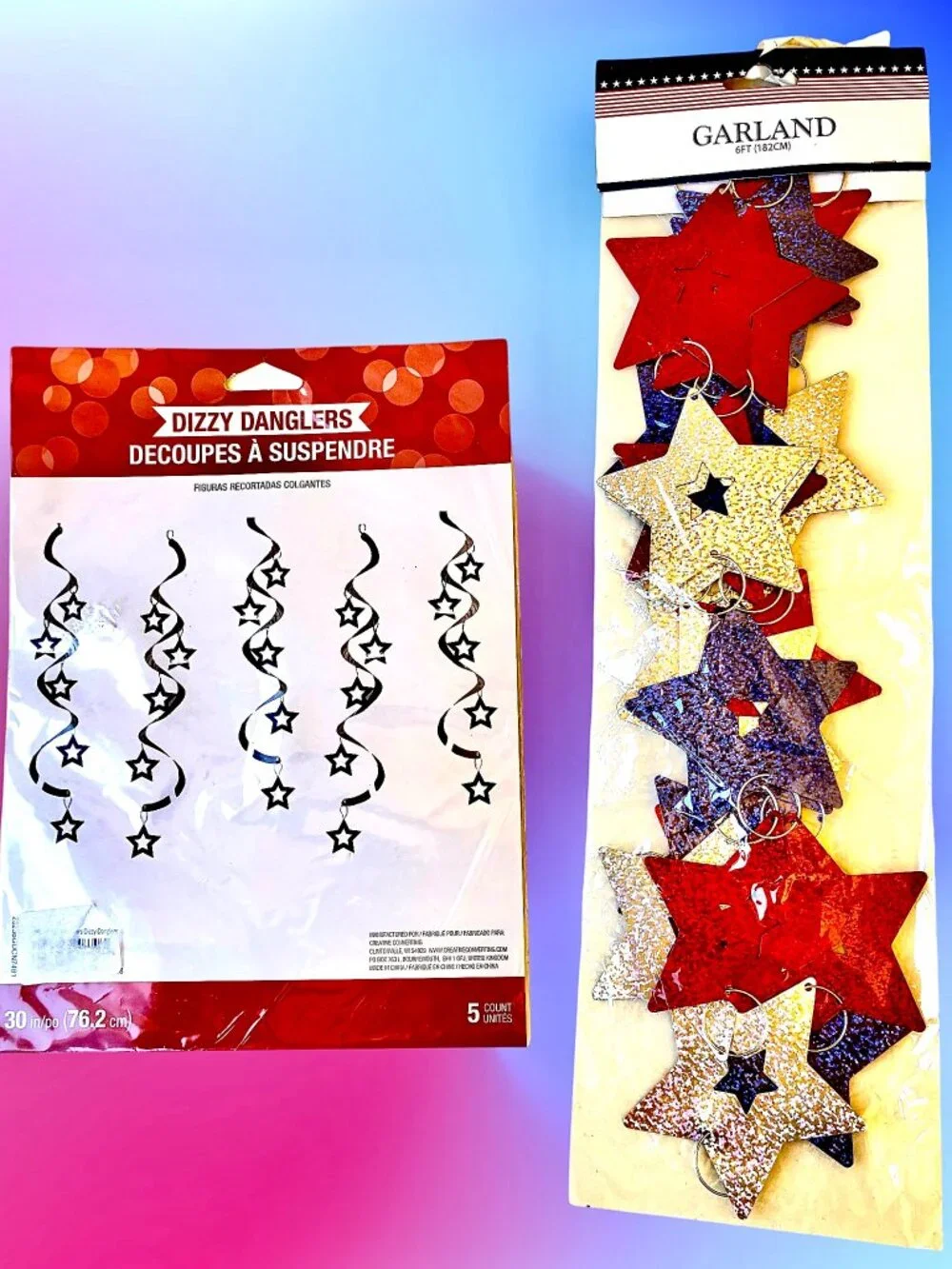4th of July Hanging GARLAND + DIZZY DANGLERS Red Blue Silver STARS New